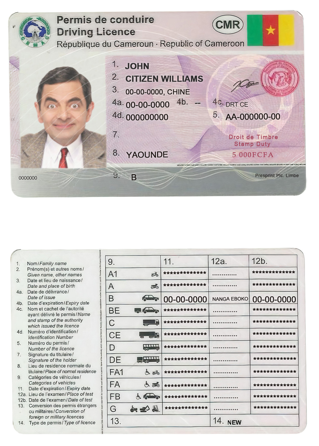 Cameroon Driving License PSD Fully Editable